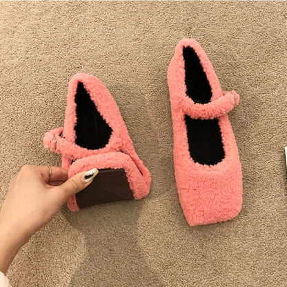 TAMBREET Fashion Square Toe Lambswool Ballet Flats Woman Winter Warm Plush Loafers Ladies Brand Design Teddy Fur Mary Jane Shoes in Pink