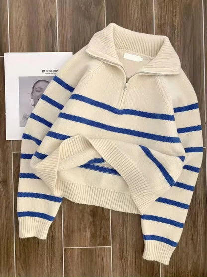 TAMBREET Fashion Striped Sweater Women Fall Winter Clothes Half Zipper Turndown Collar Jumper Pull Femme Knit Pullovers Tops Sueter Mujer