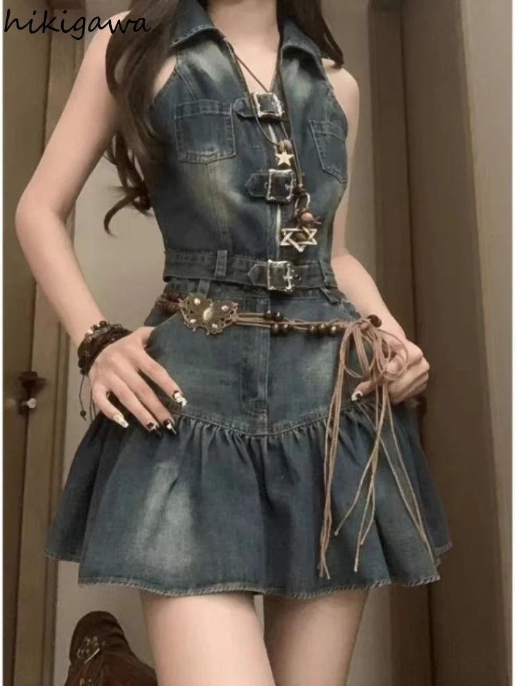 TAMBREET Fashion Two Piece Sets Women Clothing Sleeveless Zipper Y2k Tops High Waist A-line Mini Skirt Outfits Casual Summer Denim Set