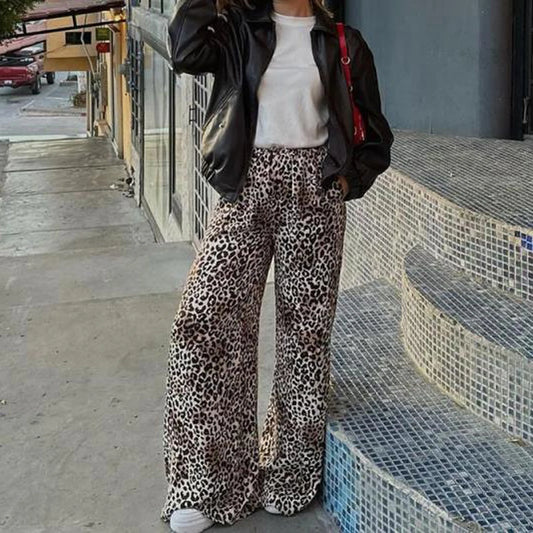 TAMBREET Fashion Vintage Leopard Print Wide-leg Pants Women Casual High-waisted Trouser 2024 Spring Summer Office Lady Clothes Streetwear