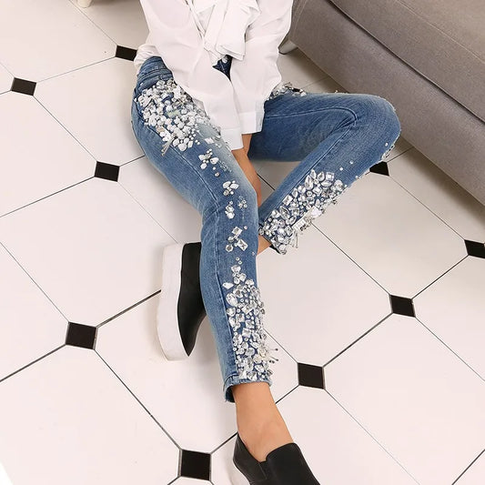 TAMBREET Fashion Vintage Women Luxury Embroidered Flares Diamond Denim Jeans Women Beaded Skinny Slim Fit Stretch Pencil Pants Trousers