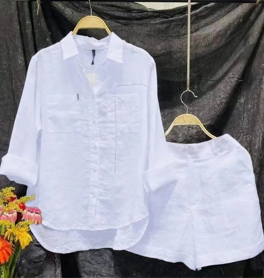 TAMBREET Fashion White Long Sleeve Shirt And Shorts Two Piece Sets Women 2024 Summer Cotton Linen Casual Home 2 Piece Set For Women Suit