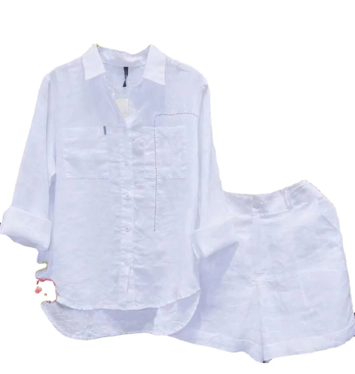 TAMBREET Fashion White Long Sleeve Shirt And Shorts Two Piece Sets Women 2024 Summer Cotton Linen Casual Home 2 Piece Set For Women Suit