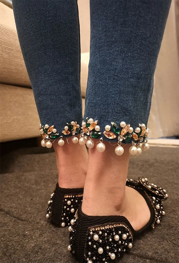 TAMBREET Fashion Women Blue Diamonds Beading Denim Pants Ankle Length Pearls Spring Jeans Streetwear Trousers Lady Slim Fit Pencil Pants