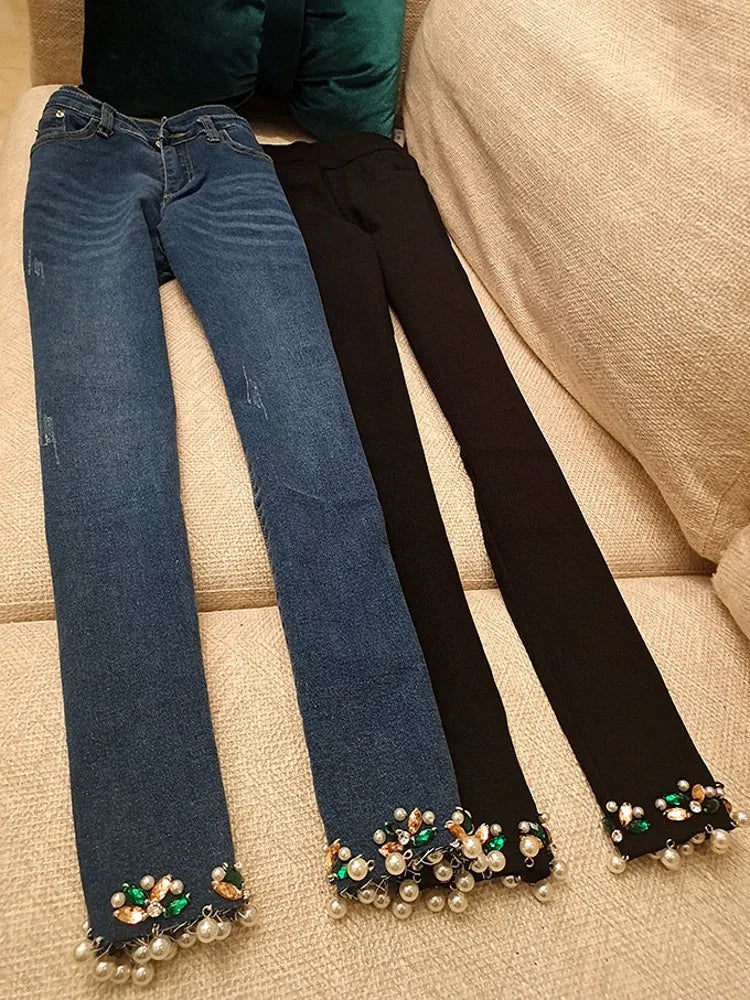 TAMBREET Fashion Women Blue Diamonds Beading Denim Pants Ankle Length Pearls Spring Jeans Streetwear Trousers Lady Slim Fit Pencil Pants