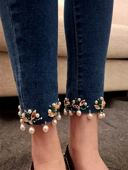 TAMBREET Fashion Women Blue Diamonds Beading Denim Pants Ankle Length Pearls Spring Jeans Streetwear Trousers Lady Slim Fit Pencil Pants