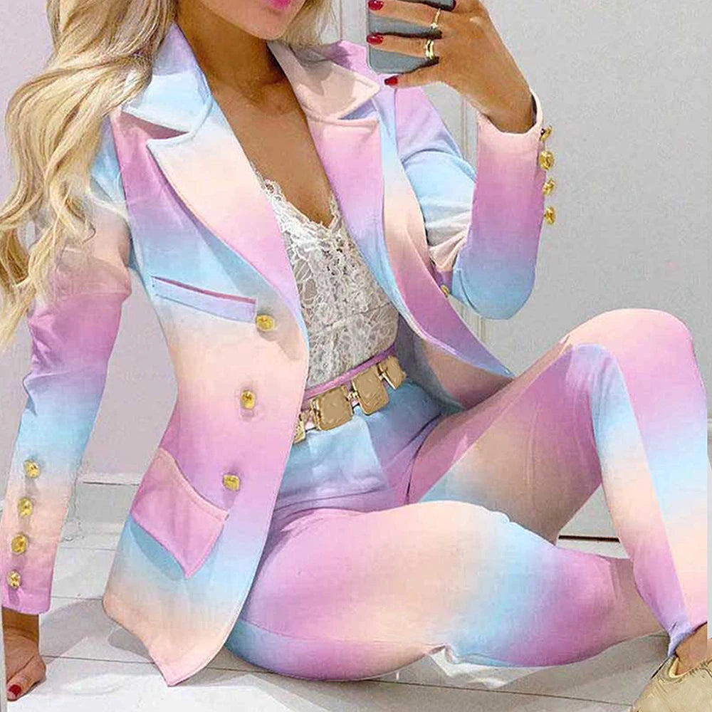 TAMBREET Fashion Women Jacket + Pants 2 Piece Set Spring New Button Long Sleeve Turn-down Collar Print Suit Casual Blazer Versatile Set