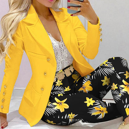 TAMBREET Fashion Women Jacket + Pants 2 Piece Set Spring New Button Long Sleeve Turn-down Collar Print Suit Casual Blazer Versatile Set