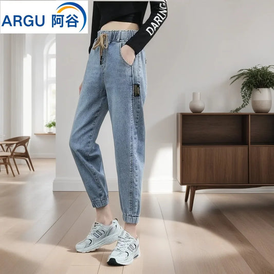 TAMBREET Fashion Women Straight Blue Harem Vintage High Waist Jeans Woman Cowboy Denim Pants Women's Jeans Ankle Length