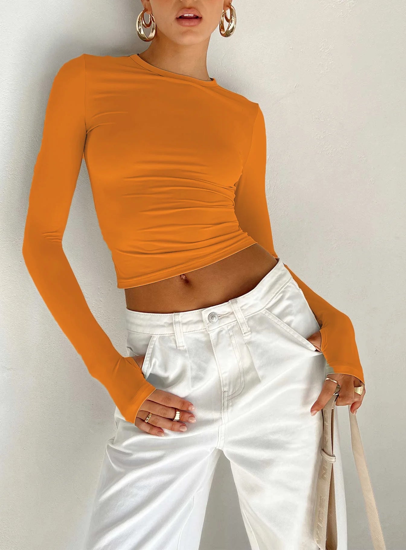 TAMBREET Fashion Women T-shirt Long Sleeve Crew Neck Solid Slim Fit Ladies Crop Top with Thumb Holes for Daily Streetwear Summer Camis