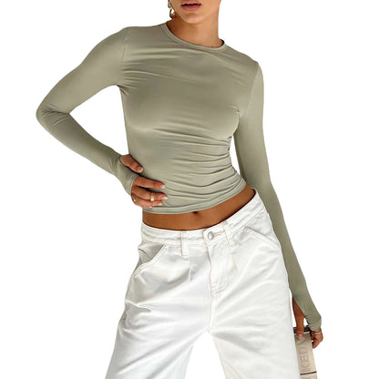 TAMBREET Fashion Women T-shirt Long Sleeve Crew Neck Solid Slim Fit Ladies Crop Top with Thumb Holes for Daily Streetwear Summer Camis