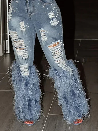 TAMBREET Fashion Women's Jeans Tassel Holes Vitnage Feather High Waist Y2K Streetwear Casual Denim Pant Spring Skinny Hollow Out Trousers