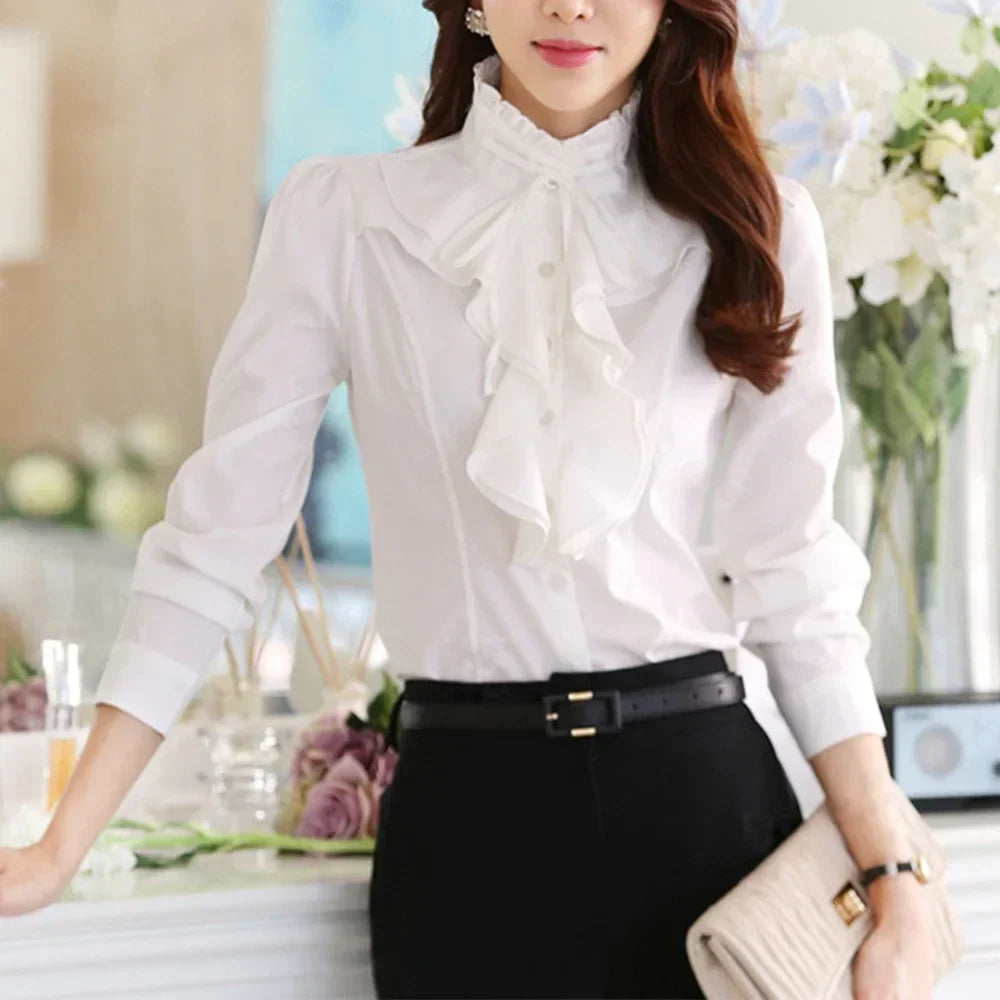 TAMBREET Fashion Women's Ruffled Collar Long Sleeve Shirt Temperament White-collar Business Work Commuter Shirts Slim Formal Dress Tops