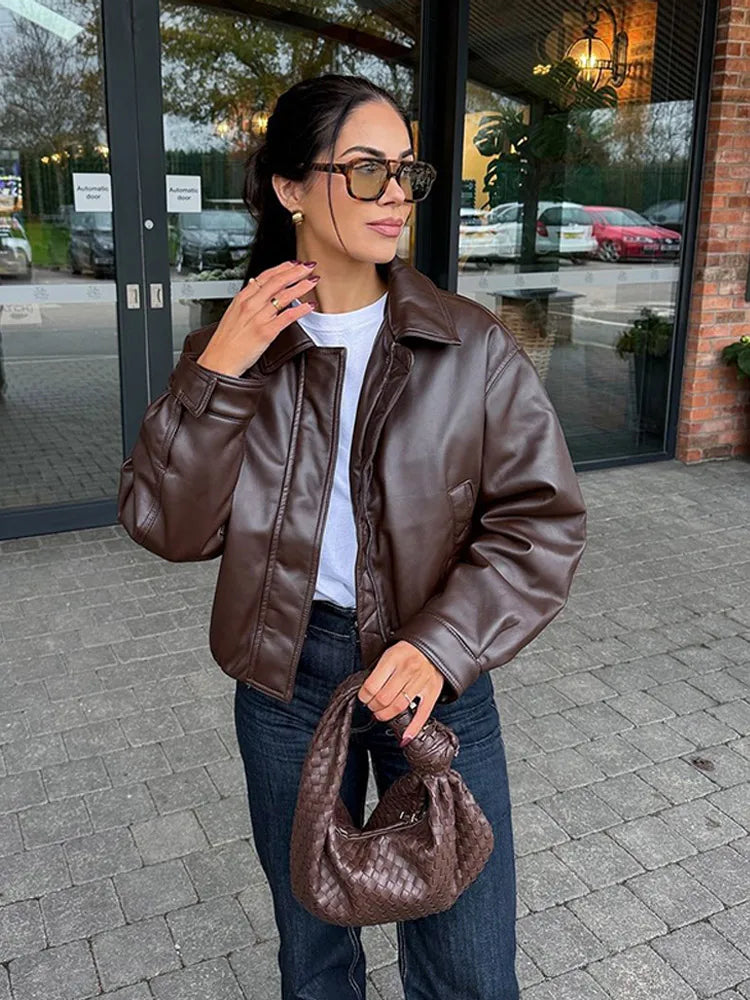 TAMBREET Fashion Zipper Brown Leather Jackets For Women Elegant Lapel Long Sleeved Ladies Coat 2025 New High Street Commuting Outerwears