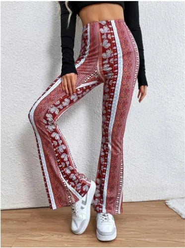 TAMBREET Fashionable new high elasticity tight fitting micro flared printed casual pants