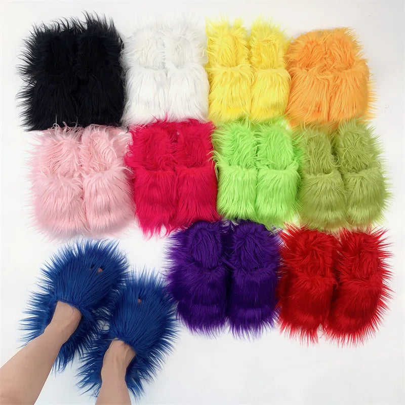 TAMBREET Faux Fur Slippers 2024 Women Winter Plush Warm Home Flat Slides Mongolian Wool Flip Flops Y2K Girls Furry Shoes Cute Slippers