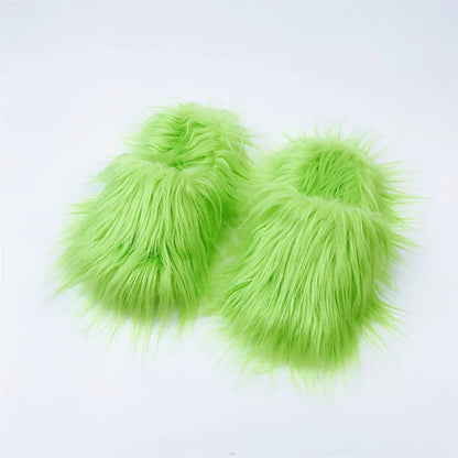 TAMBREET Faux Fur Slippers 2024 Women Winter Plush Warm Home Flat Slides Mongolian Wool Flip Flops Y2K Girls Furry Shoes Cute Slippers