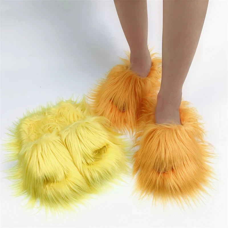 TAMBREET Faux Fur Slippers 2024 Women Winter Plush Warm Home Flat Slides Mongolian Wool Flip Flops Y2K Girls Furry Shoes Cute Slippers