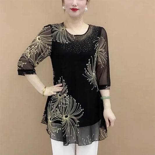 TAMBREET Female Clothing Vintage Stylish Printed Shirt Spring Summer Commute Casual O-Neck Loose Chic Diamonds 3/4 Sleeve Midi Blouse New