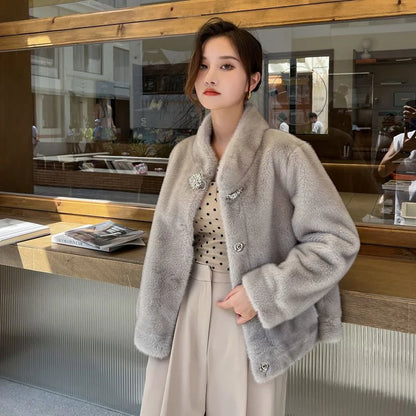 TAMBREET Female Long Sleeves Fox Fur Jacket Spring Autumn Lady Leather Fur Outwear 2024 Women Solid Color Stand Collar Mink Fur Fur Coat