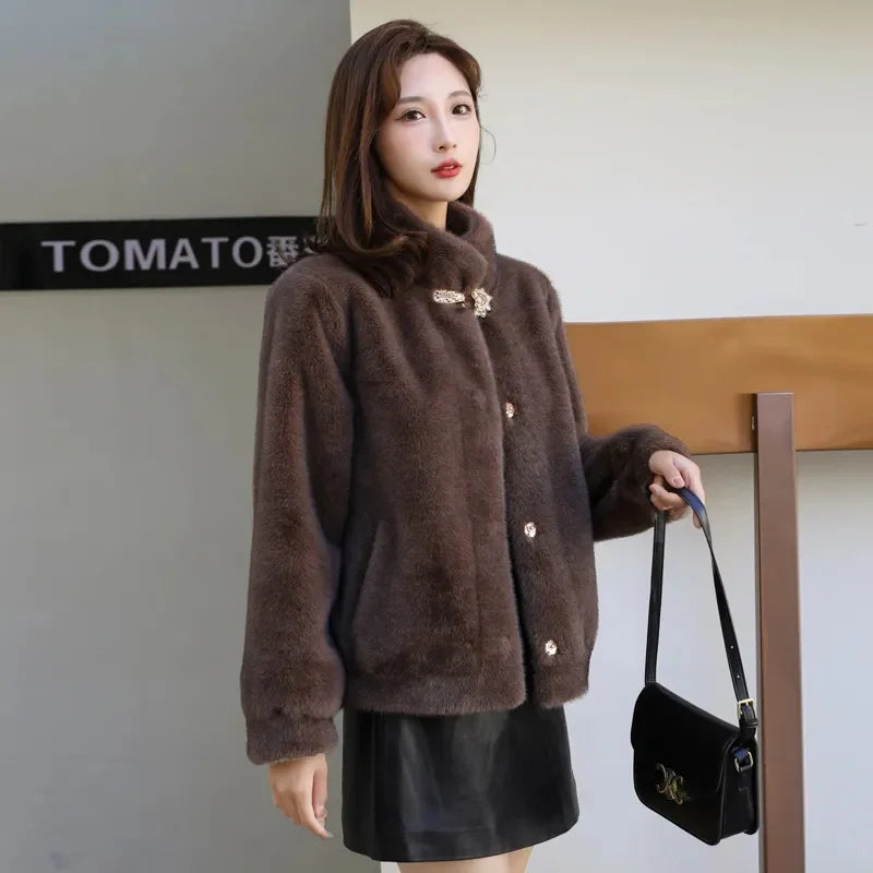 TAMBREET Female Long Sleeves Fox Fur Jacket Spring Autumn Lady Leather Fur Outwear 2024 Women Solid Color Stand Collar Mink Fur Fur Coat