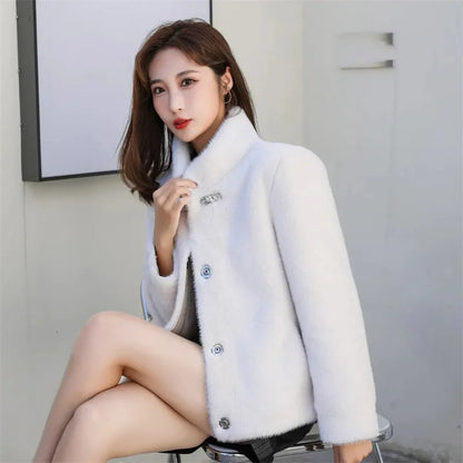 TAMBREET Female Long Sleeves Fox Fur Jacket Spring Autumn Lady Leather Fur Outwear 2024 Women Solid Color Stand Collar Mink Fur Fur Coat