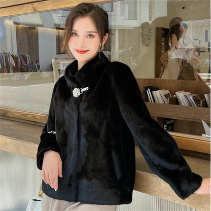 TAMBREET Female Long Sleeves Fox Fur Jacket Spring Autumn Lady Leather Fur Outwear 2024 Women Solid Color Stand Collar Mink Fur Fur Coat