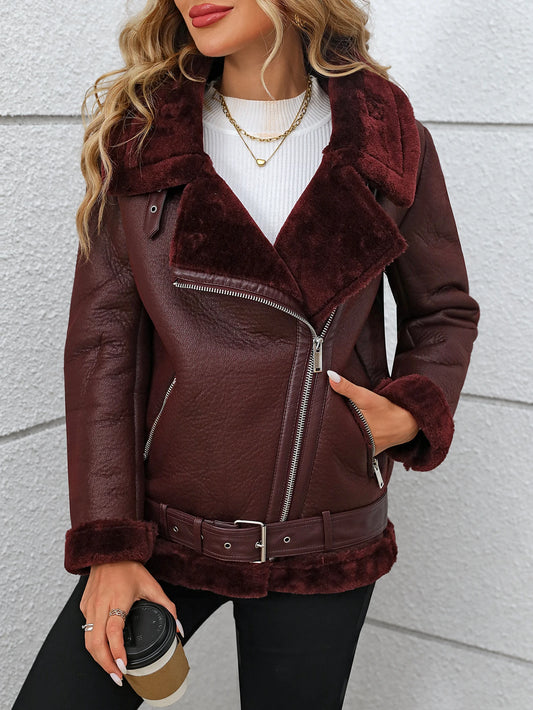 TAMBREET Fitaylor Winter Women Faux Fur Leather Jacket Casual Lady Thick Warm Leather Coat High Street Motorcycle Outwear