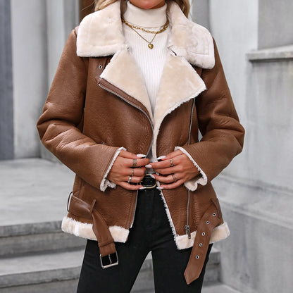 TAMBREET Fitaylor Winter Women Faux Fur Leather Jacket Casual Lady Thick Warm Leather Coat High Street Motorcycle Outwear