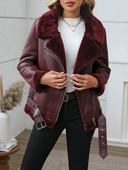 TAMBREET Fitaylor Winter Women Faux Fur Leather Jacket Casual Lady Thick Warm Leather Coat High Street Motorcycle Outwear