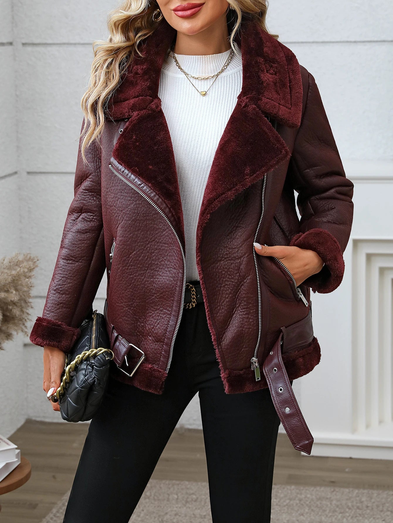 TAMBREET Fitaylor Winter Women Faux Fur Leather Jacket Casual Lady Thick Warm Leather Coat High Street Motorcycle Outwear