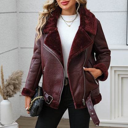 TAMBREET Fitaylor Winter Women Faux Fur Leather Jacket Casual Lady Thick Warm Leather Coat High Street Motorcycle Outwear