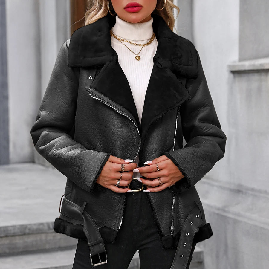 TAMBREET Fitaylor Winter Women Faux Fur Leather Jacket Casual Lady Thick Warm Leather Coat High Street Motorcycle Outwear