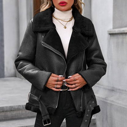 TAMBREET Fitaylor Winter Women Faux Fur Leather Jacket Casual Lady Thick Warm Leather Coat High Street Motorcycle Outwear