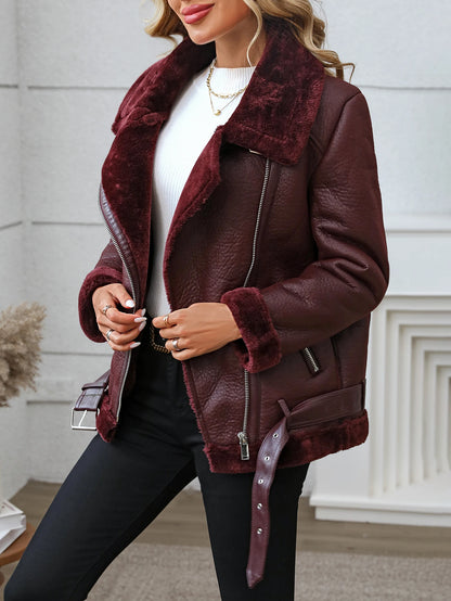 TAMBREET Fitaylor Winter Women Faux Fur Leather Jacket Casual Lady Thick Warm Leather Coat High Street Motorcycle Outwear