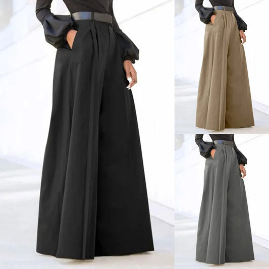 TAMBREET Flared Leg Trousers Elegant High Waist Wide Leg Pants with Pockets for Women Solid Color Flared Trousers for Workwear Commuting