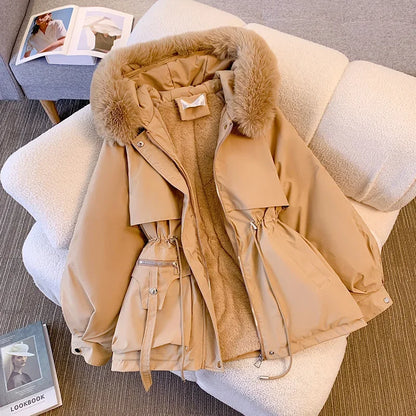 TAMBREET Fleece Lined Fur Hood Down Jacket Women Winter Warm Drawstring Zipper Padded Parkas Casual Cotton Coats Puffer Outwears