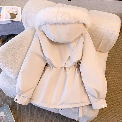 TAMBREET Fleece Lined Fur Hood Down Jacket Women Winter Warm Drawstring Zipper Padded Parkas Casual Cotton Coats Puffer Outwears