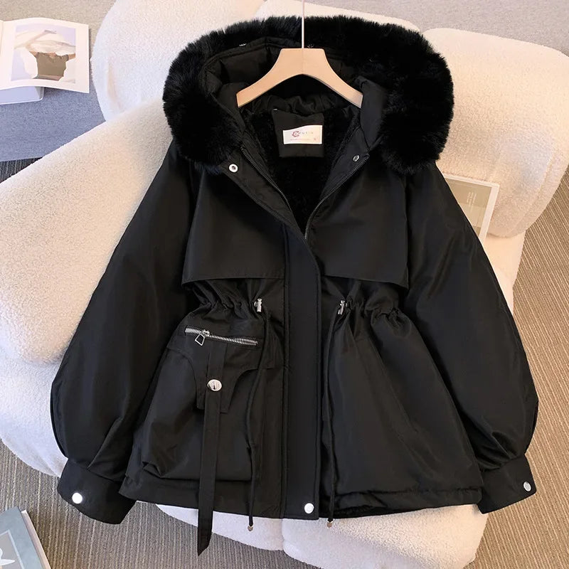 TAMBREET Fleece Lined Fur Hood Down Jacket Women Winter Warm Drawstring Zipper Padded Parkas Casual Cotton Coats Puffer Outwears