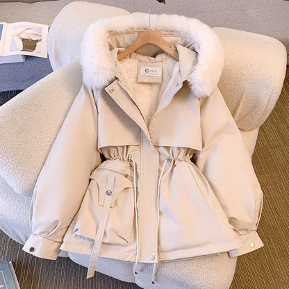 TAMBREET Fleece Lined Fur Hood Down Jacket Women Winter Warm Drawstring Zipper Padded Parkas Casual Cotton Coats Puffer Outwears