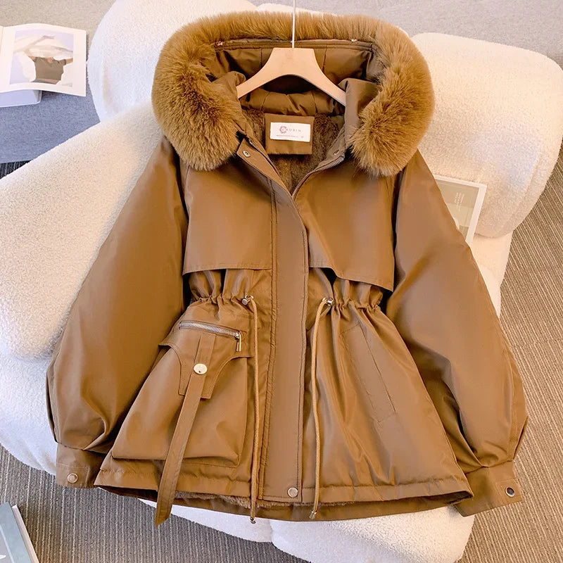 TAMBREET Fleece Lined Fur Hood Down Jacket Women Winter Warm Drawstring Zipper Padded Parkas Casual Cotton Coats Puffer Outwears