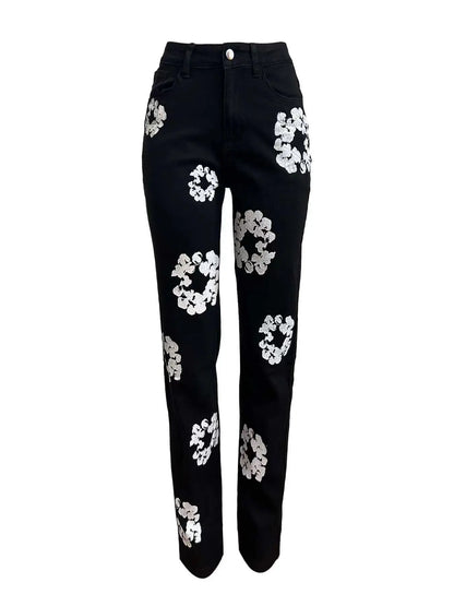 TAMBREET Floral Print Jeans Stretch Pencil Pants Sexy Women High Waist Elegant Streetwear Denim Casual Trousers