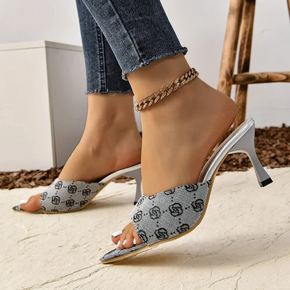 TAMBREET Flower Print High Heels Sandals for Women Brand Design Thin Heeled Pumps Woman Plus Size 42 Slip On Pointed Toe Party Shoes