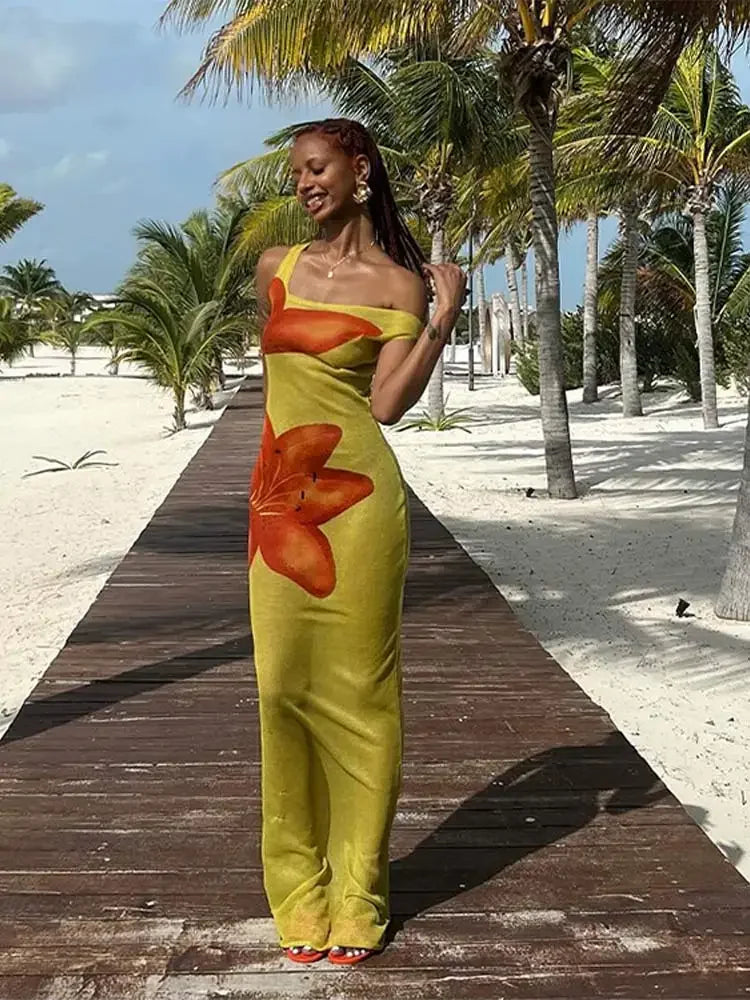 TAMBREET Flower Print Mesh See Through Maxi Dress Women Fashion Diagonal Collar Sleeveless Long Dresses 2024 Female Holiday Beachwear