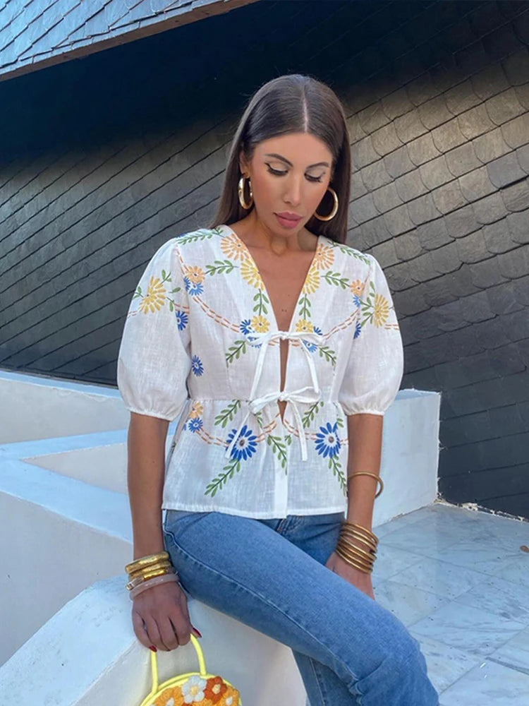 TAMBREET Flower Printed Short Puff Sleeve Shirt Women Elegant Lace-up V-neck Cropped Tops for Female 2024 Summer Retro Fashion Streetwear