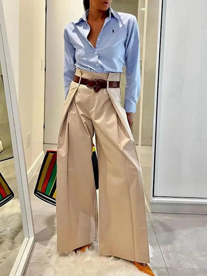 TAMBREET Freeacy Urban Women's Pants Solid Apricot High Waist Wide Leg Trousers 2024 Spring and Summer Female Casual Streetwear Bottoms