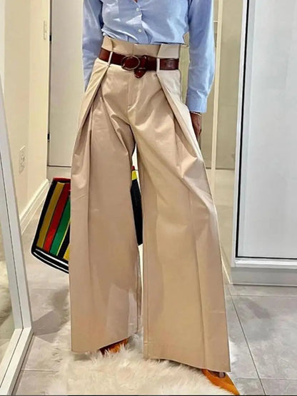 TAMBREET Freeacy Urban Women's Pants Solid Apricot High Waist Wide Leg Trousers 2024 Spring and Summer Female Casual Streetwear Bottoms