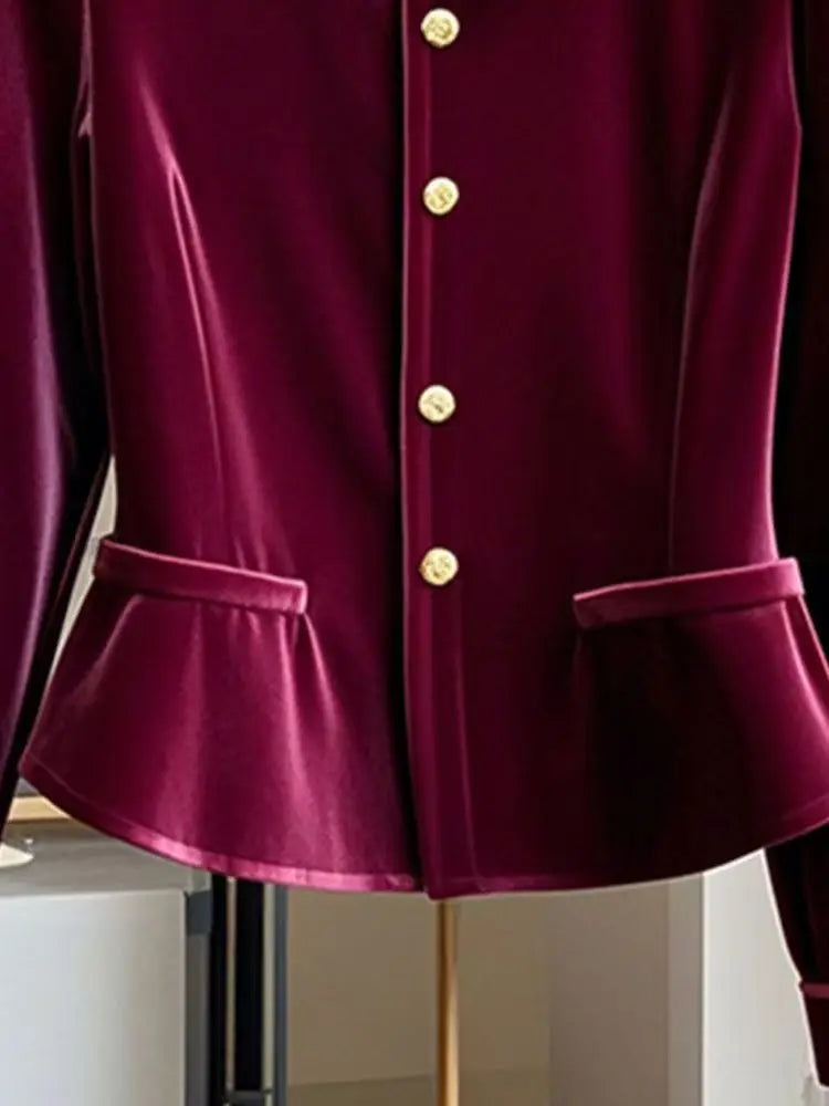 TAMBREET French Exquisite Short Coat Women Red Velvet Jacket Autumn Winter Office Lady Slim Waist Outerwears Design Korean Elegant Tops