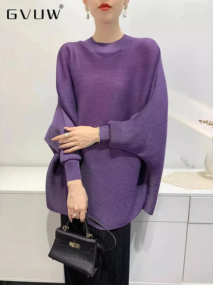 TAMBREET GVUW Pleated T Shirt Women Full Batwing Sleeve Loose Solid Color Stand Collar Versatile Casual Female New 2025 Clothing 17G6648