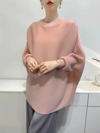 TAMBREET GVUW Pleated T Shirt Women Full Batwing Sleeve Loose Solid Color Stand Collar Versatile Casual Female New 2025 Clothing 17G6648